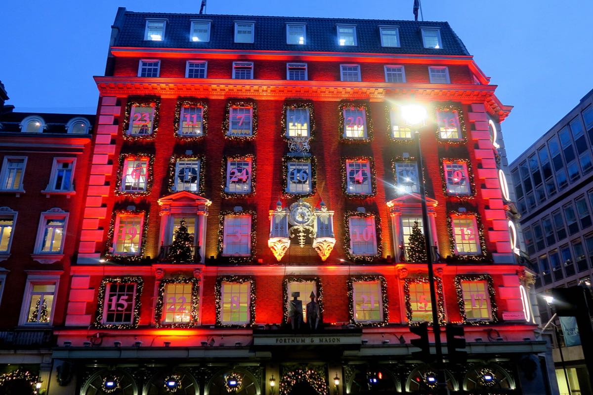 Fortnum & Mason's shop front on Piccadilly, hung with red lights