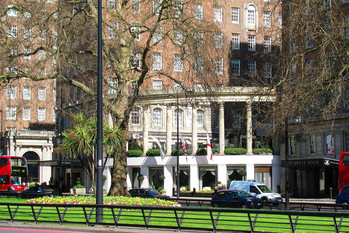 Grosvenor House on Park Lane, seen across the flower beds of the central reservation