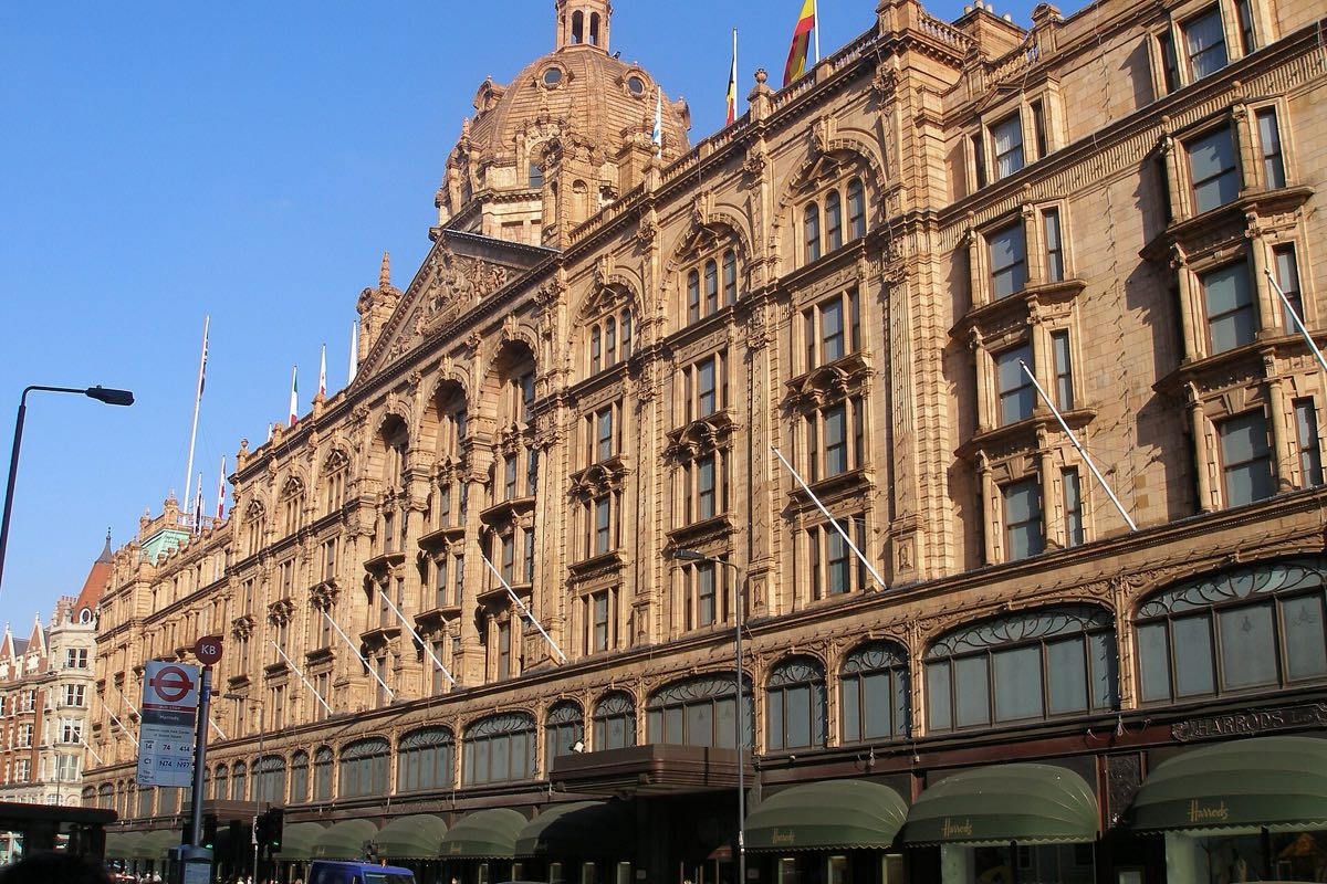 Harrods' terracotta-coloured building on Brompton Road, Knightsbridge
