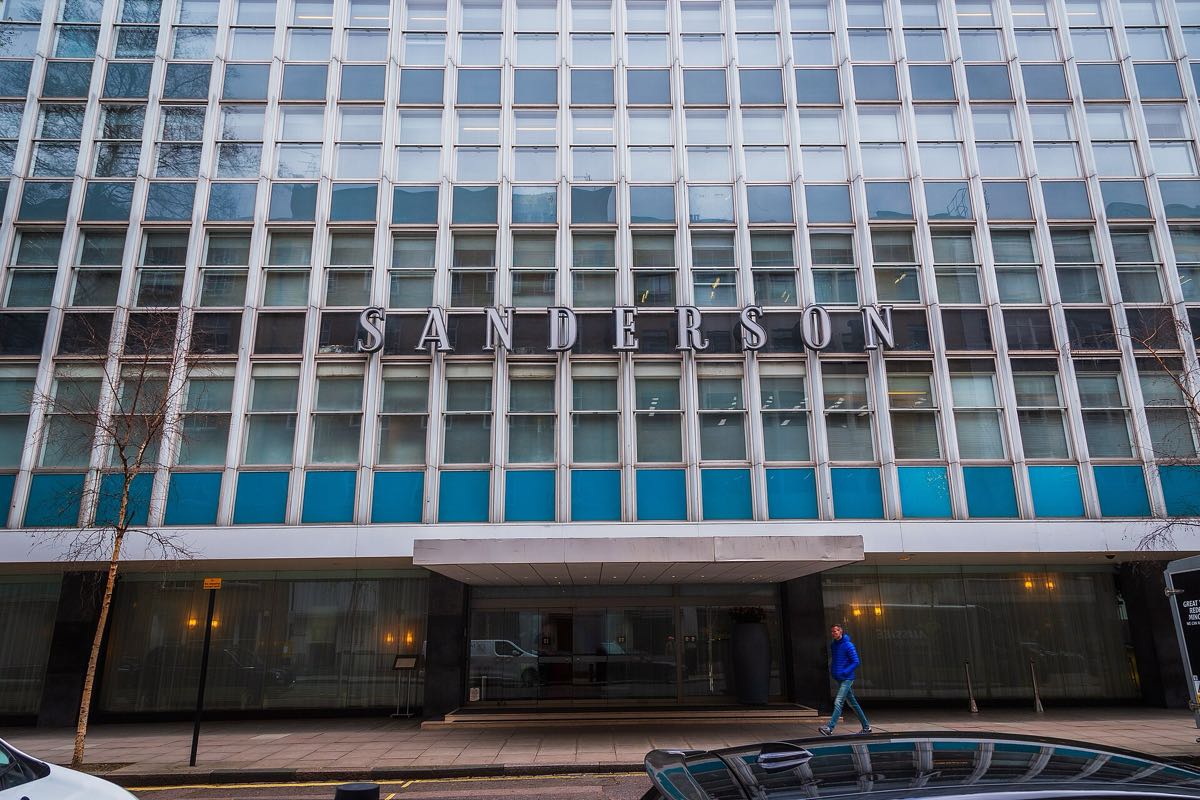 The glass and steel front of the Sanderson hotel on Berners Street, Fitzrovia