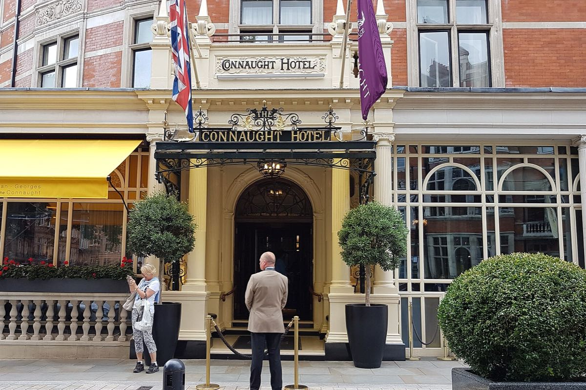 The front door of The Connaught on Carlos Place, Mayfair