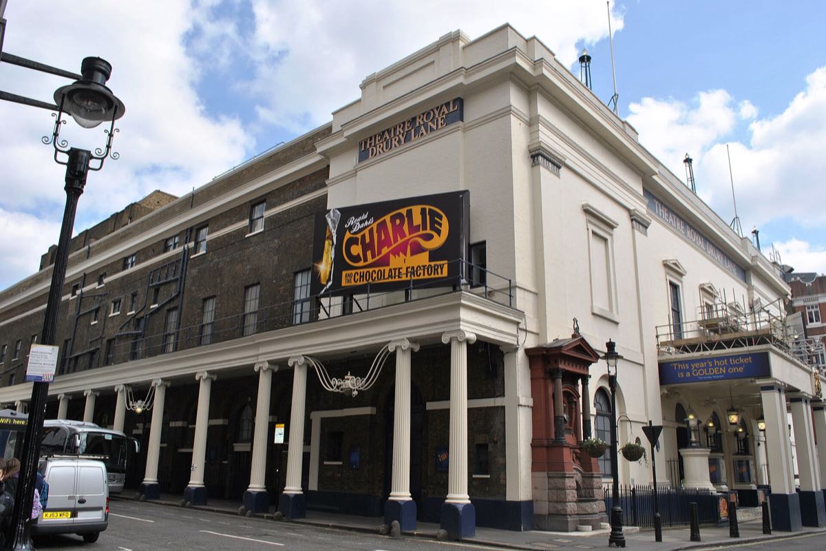 The columned front of the Theatre Royal on Drury Lane, Covent Garden